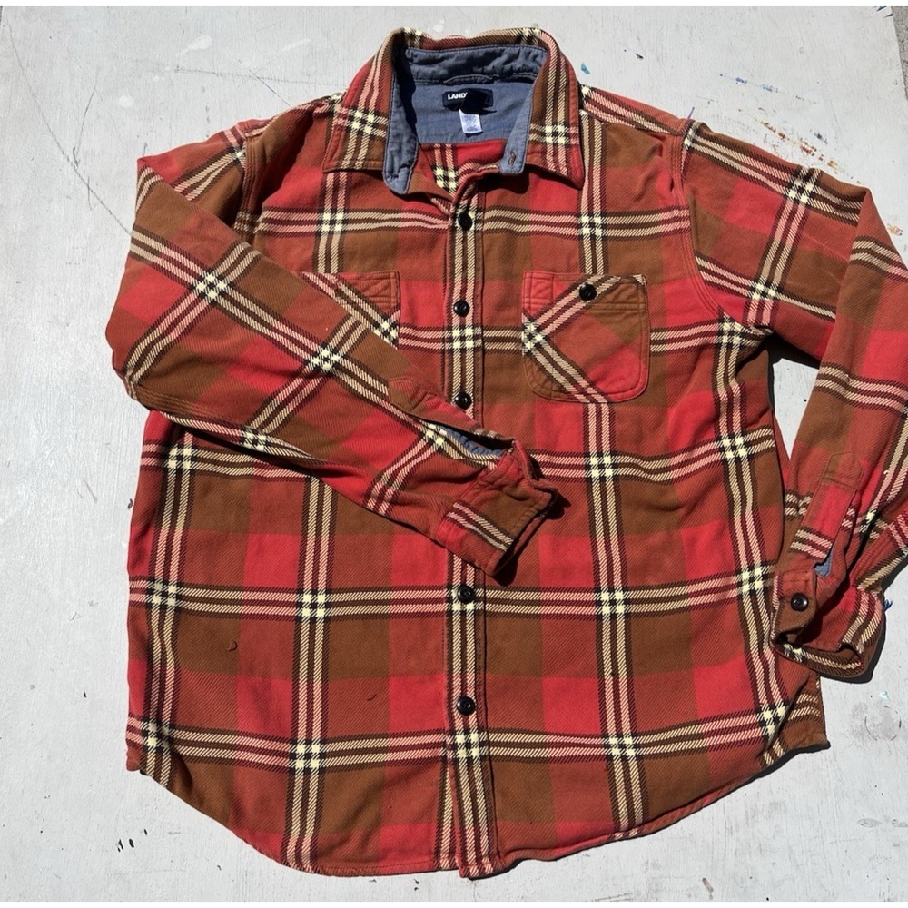 Men's Lands' End Shirt Red Plaid L Flannel Outdoor PNW Casual Discolored Grunge